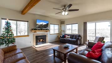 Een smart-tv, een open haard, videogames en Netflix