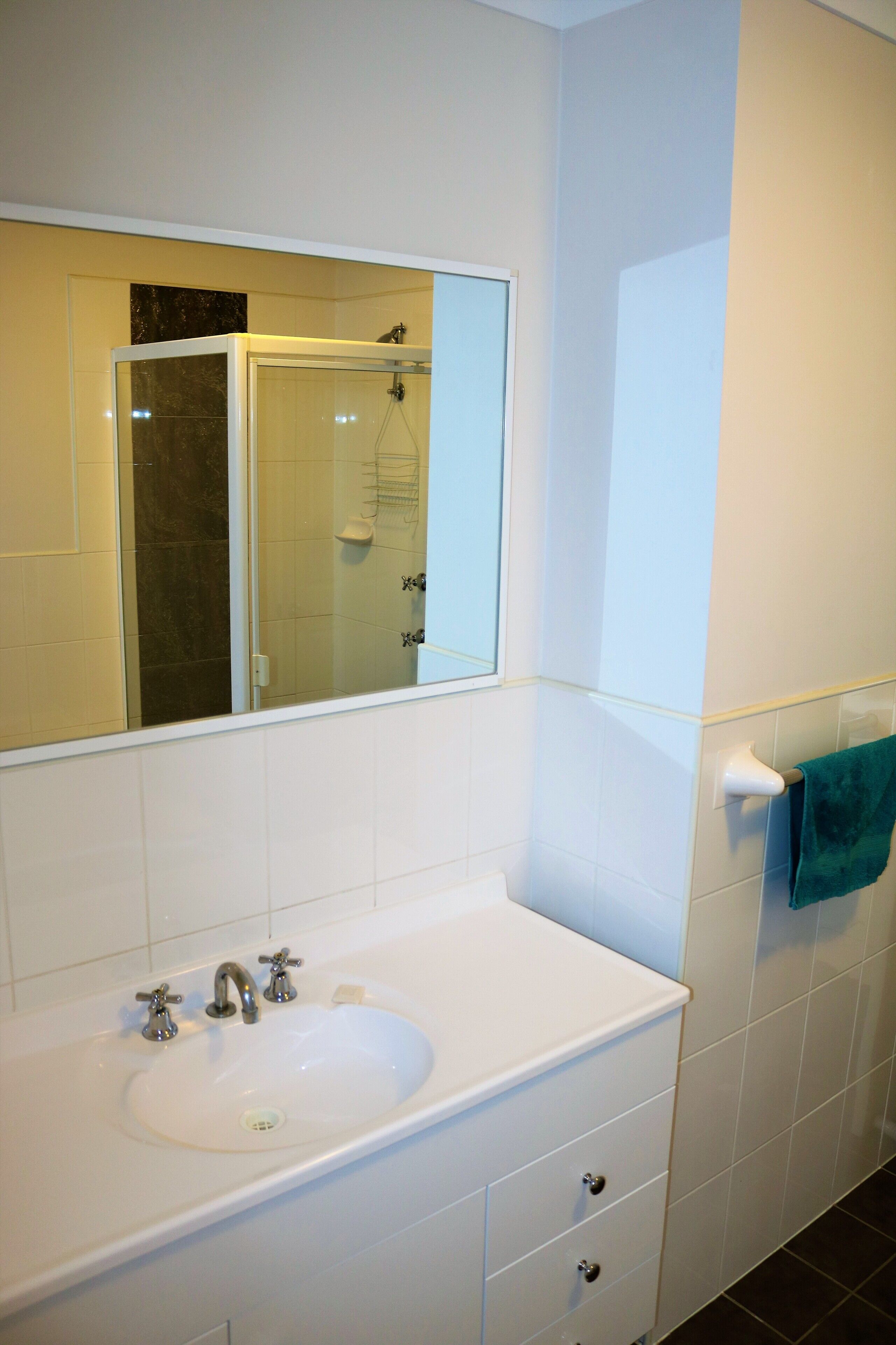Een badkamer met een wit wastafel, een spiegel en een douchecabine.