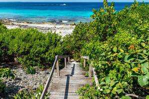 A wooden pathway leading to a beach with clear blue waters and lush greenery. - Oceanfront Villa, private pool, gazebo, great diving and snorkeling steps away (Sabadeco)