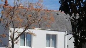 Een tweelaags huis met een garage, een boom met herfstbladeren, en een auto die ervoor geparkeerd staat.
