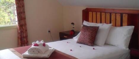 Habitación, 1 cama Queen size, baño compartido | Cortinas blackout, tabla de planchar con plancha, wifi y ropa de cama