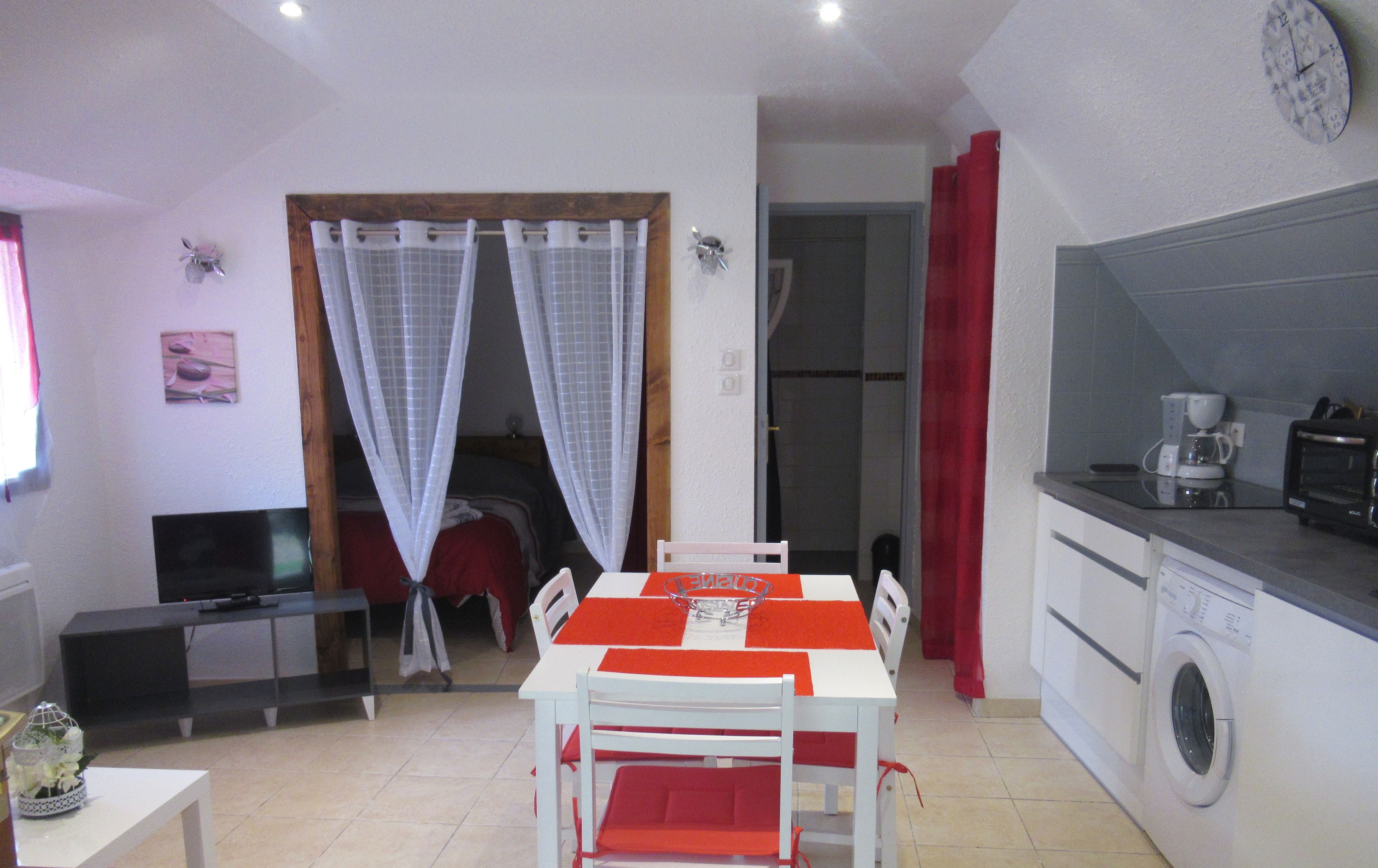 A compact living space with a dining area, kitchenette, and a TV.