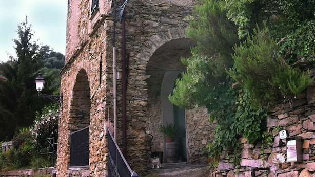 Ein Steinhaus mit einer Treppe, die zu einem Rundbogenportal führt, umgeben von Grün.