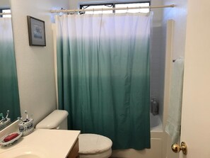Hair dryer, towels, soap, toilet paper