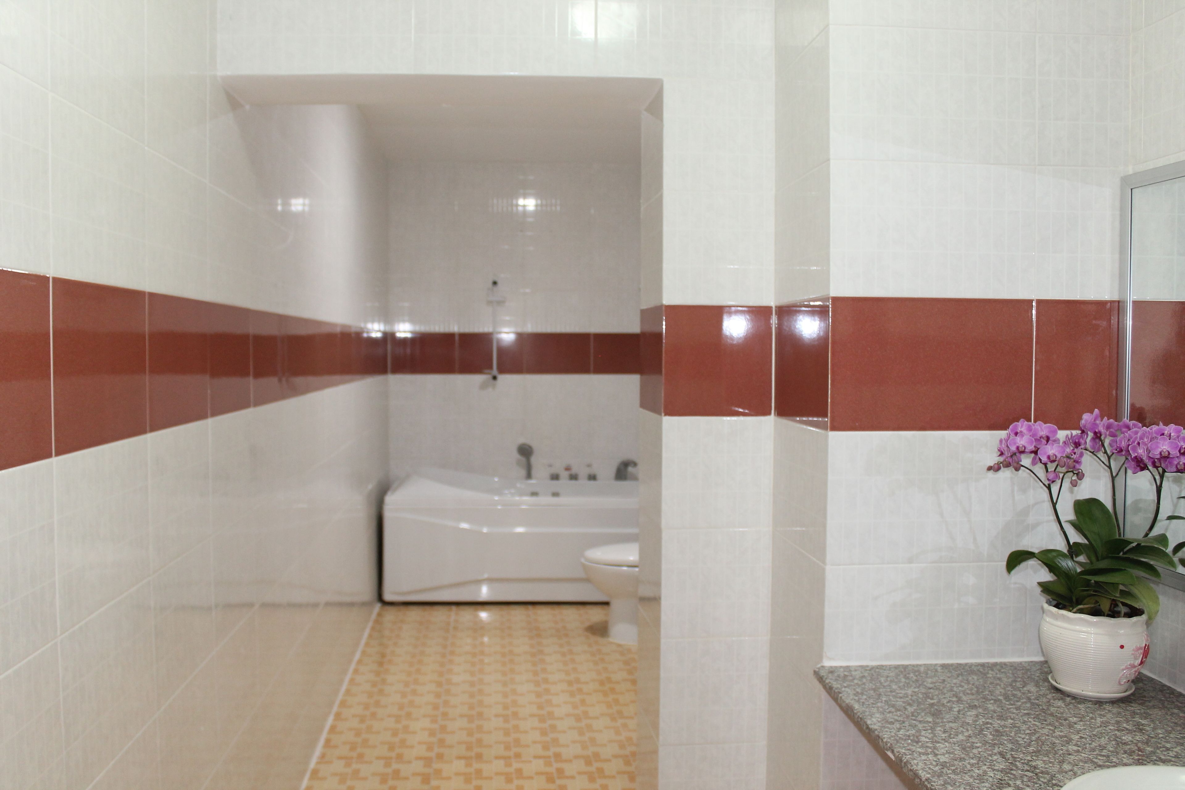 A modern bathroom with white and red tiles, a bathtub, a toilet, and a potted orchid on the counter.