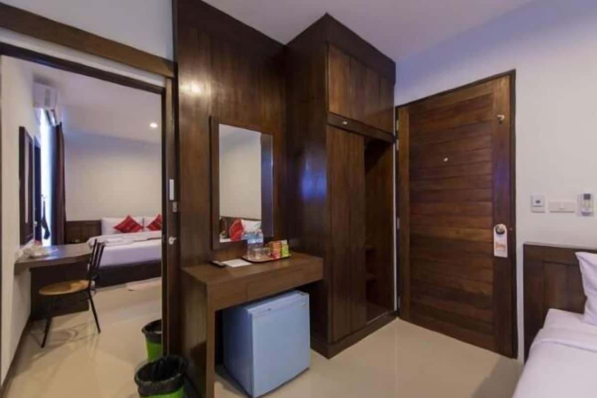 Desk, blackout drapes, soundproofing, iron/ironing board