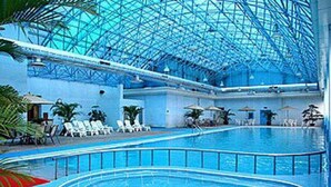 An indoor swimming pool with a glass ceiling, lounge chairs, and palm trees. - Dolton International Hotel Changsha (Changsha)