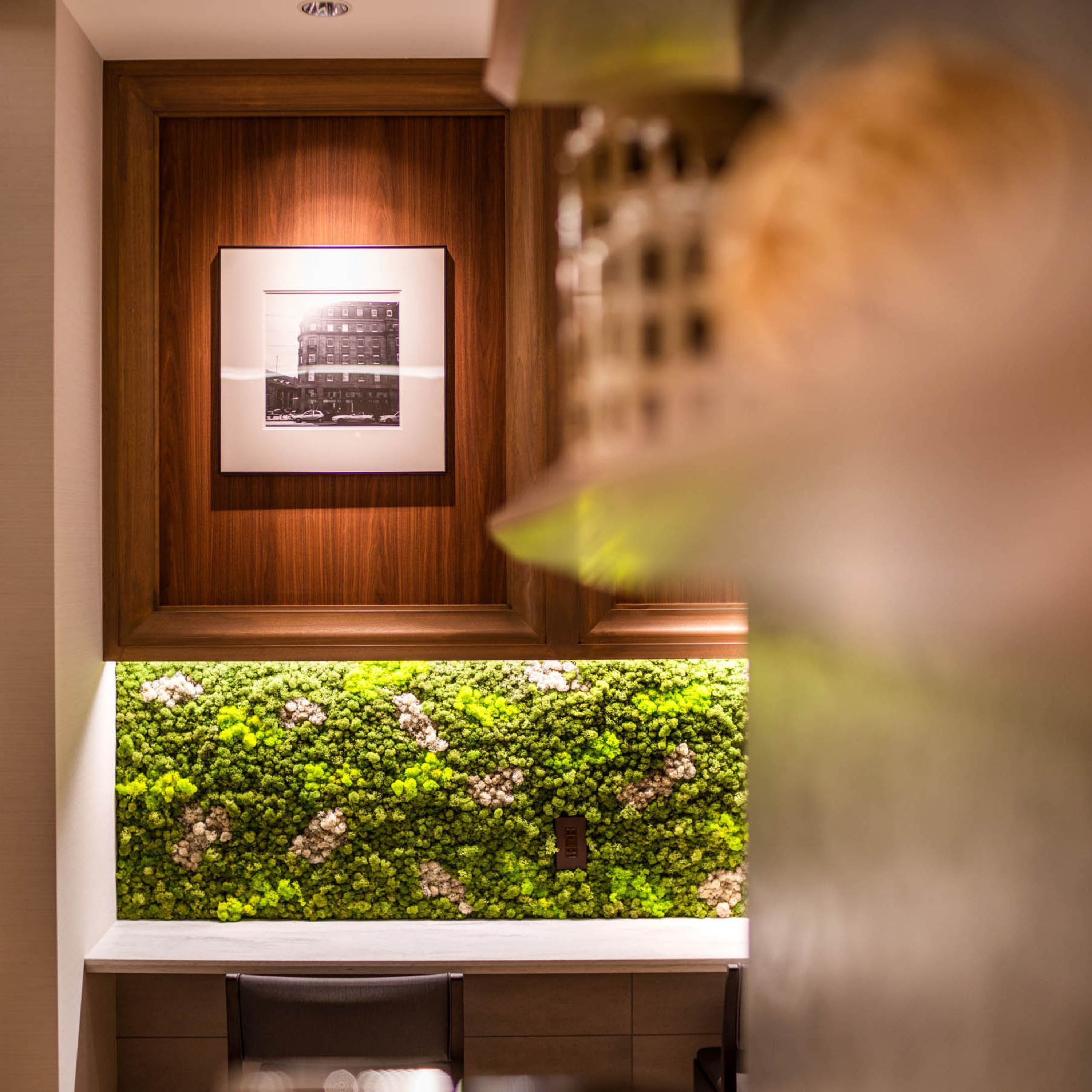 A framed photograph on a wooden wall, a green moss wall below, and a kitchen area with a sink and cabinets.