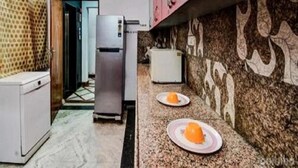 A kitchen with a refrigerator, a washing machine, and a microwave. There are two plates with oranges on the counter. - Airport Sky Inn (Jaipur)