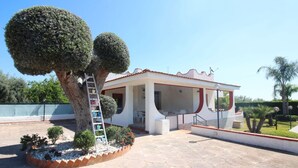 Ein Gebäude mit überdachter Terrasse, ein Baum mit einer Leiter und ein gepflegter Garten.