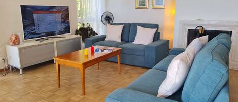 A living room with a television, a sofa, a coffee table, and a fireplace.