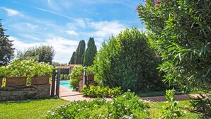 A garden with a stone wall, a pool, and a pergola. - Beautiful private villa for 10 guests with private pool, WIFI, A/C, TV, patio and pets allowed (San Vincenzo)