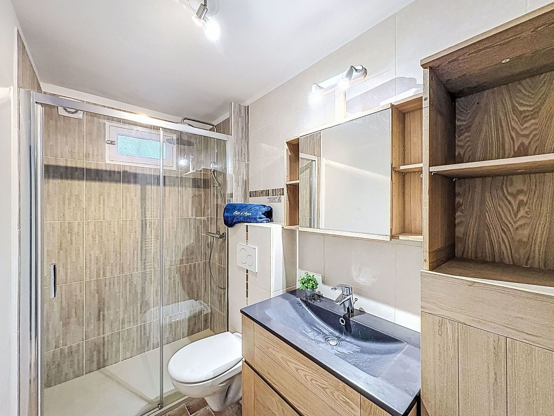 Une salle de bain moderne avec une douche à l’italienne en verre, des toilettes blanches, un lavabo noir avec un miroir au-dessus, et des meubles en bois.