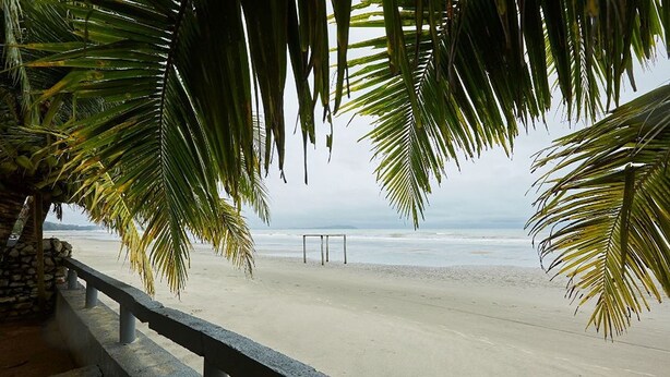 A beach with a concrete walkway and palm trees. - Mawar Villa (Kuantan)