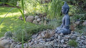 A Buddha statue in a garden setting with rocks and greenery. - Apartment-Hotel Dieksee Eck (Malente)