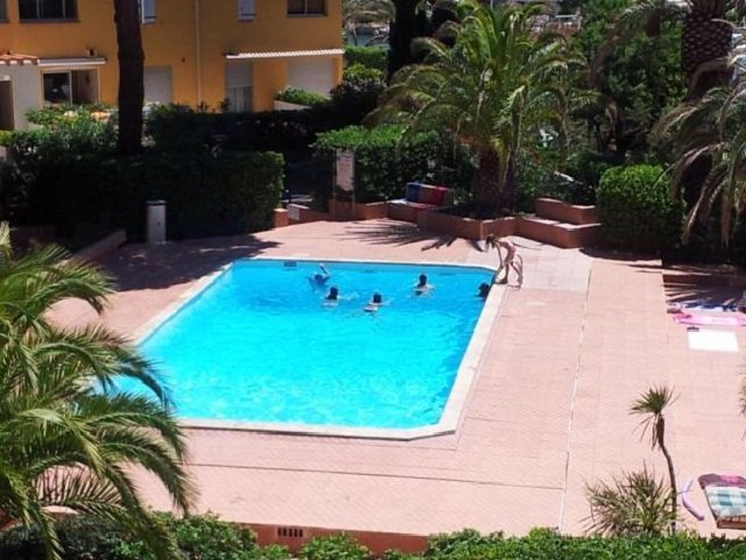 Une piscine entourée de palmiers et un bâtiment jaune.