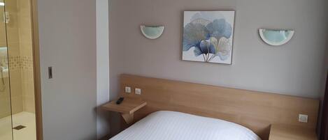 A hotel room with a bed, a bedside table, a nightstand, a wall-mounted artwork, and a shower area.