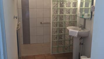 Et badeværelse med bruser, håndvask og toilet.