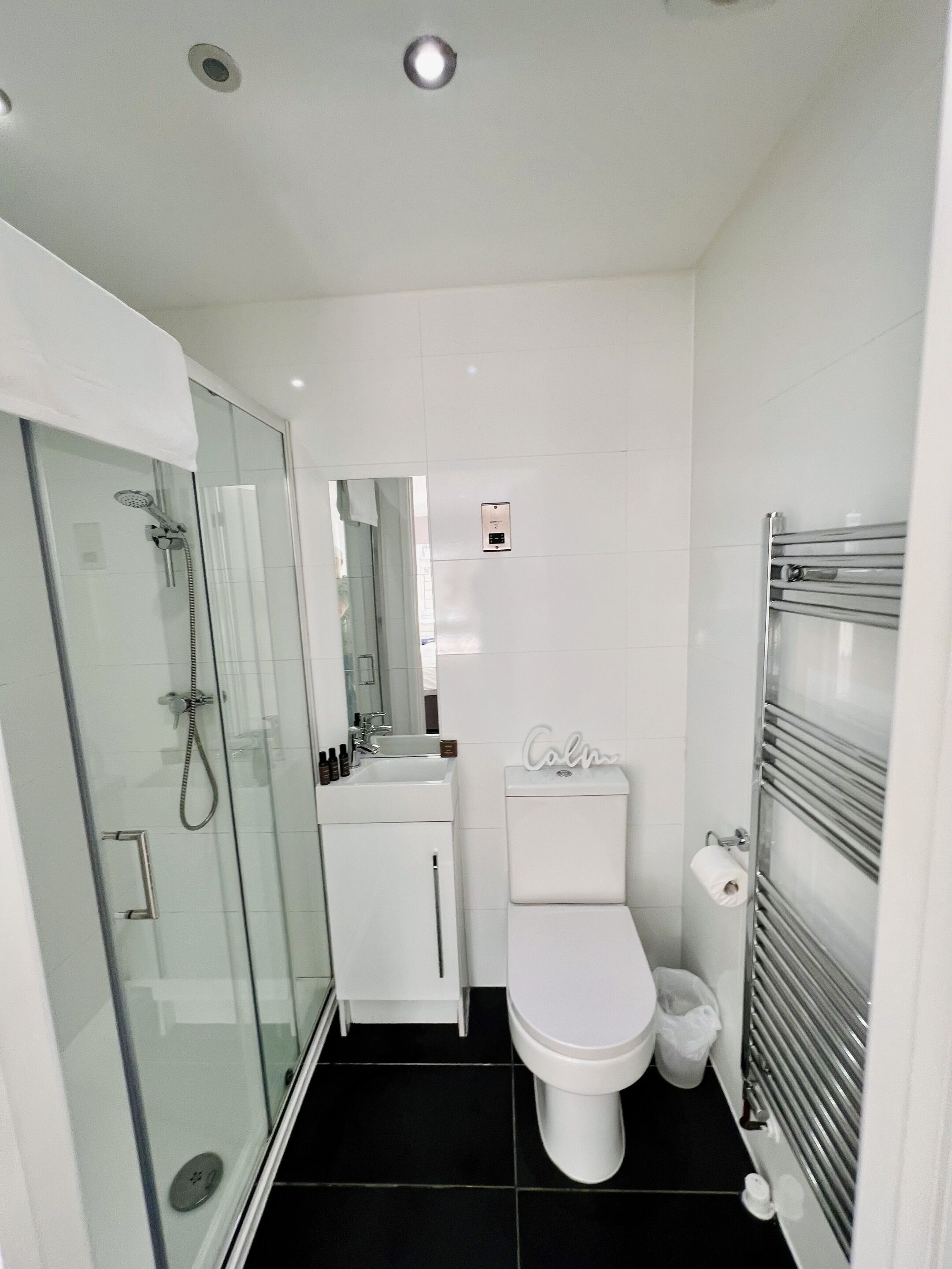 A modern bathroom with a glass-enclosed shower, a toilet, and a sink.