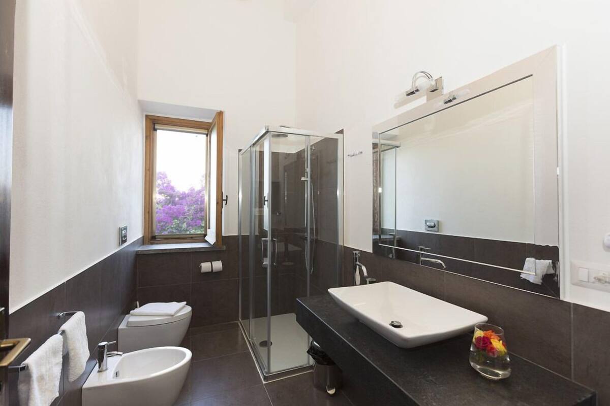 A modern bathroom with a glass-enclosed shower, a large sink, and a window with a view of purple flowers.