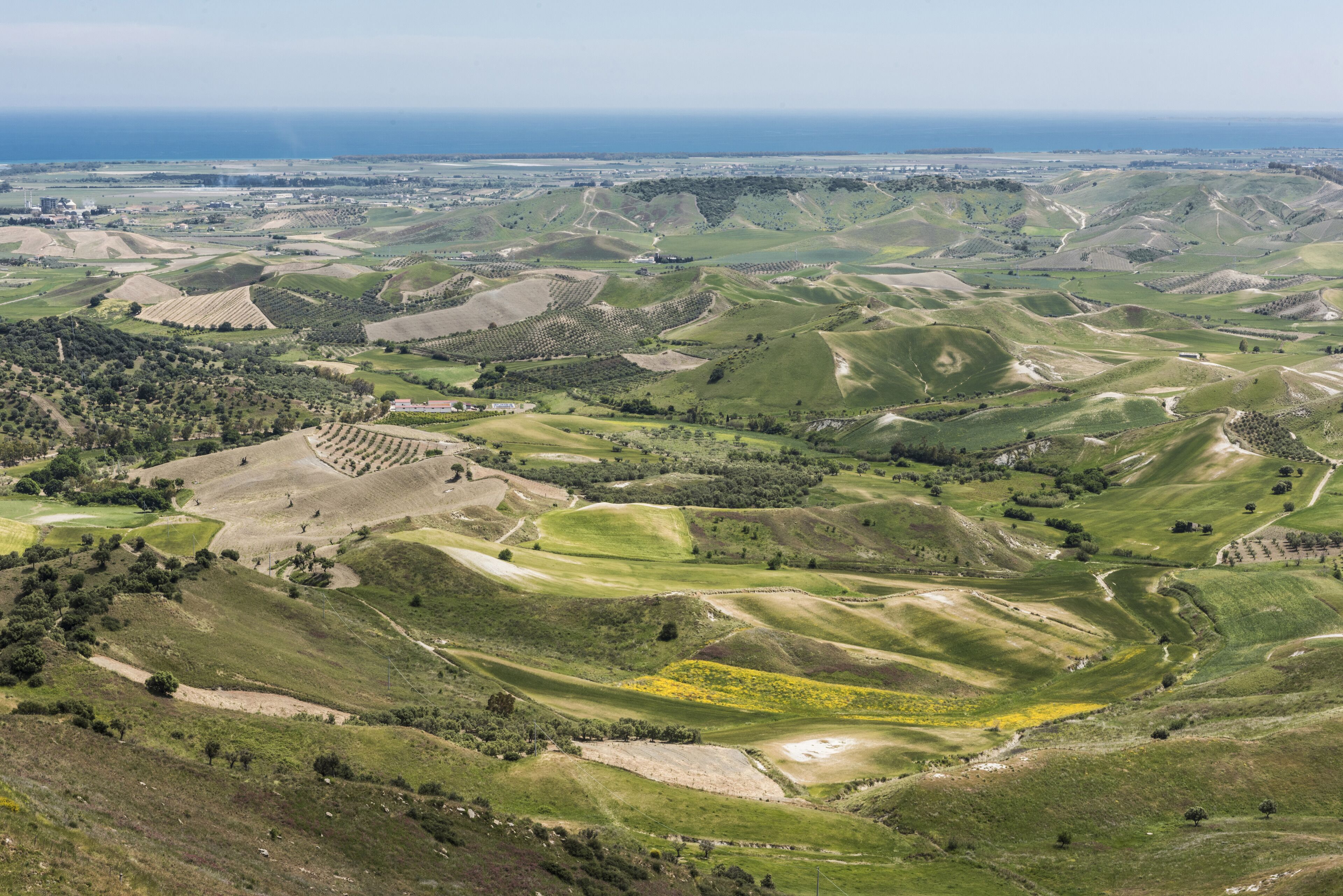 Een panoramisch uitzicht op een glooiend landschap met terrassen en een verre kustlijn.