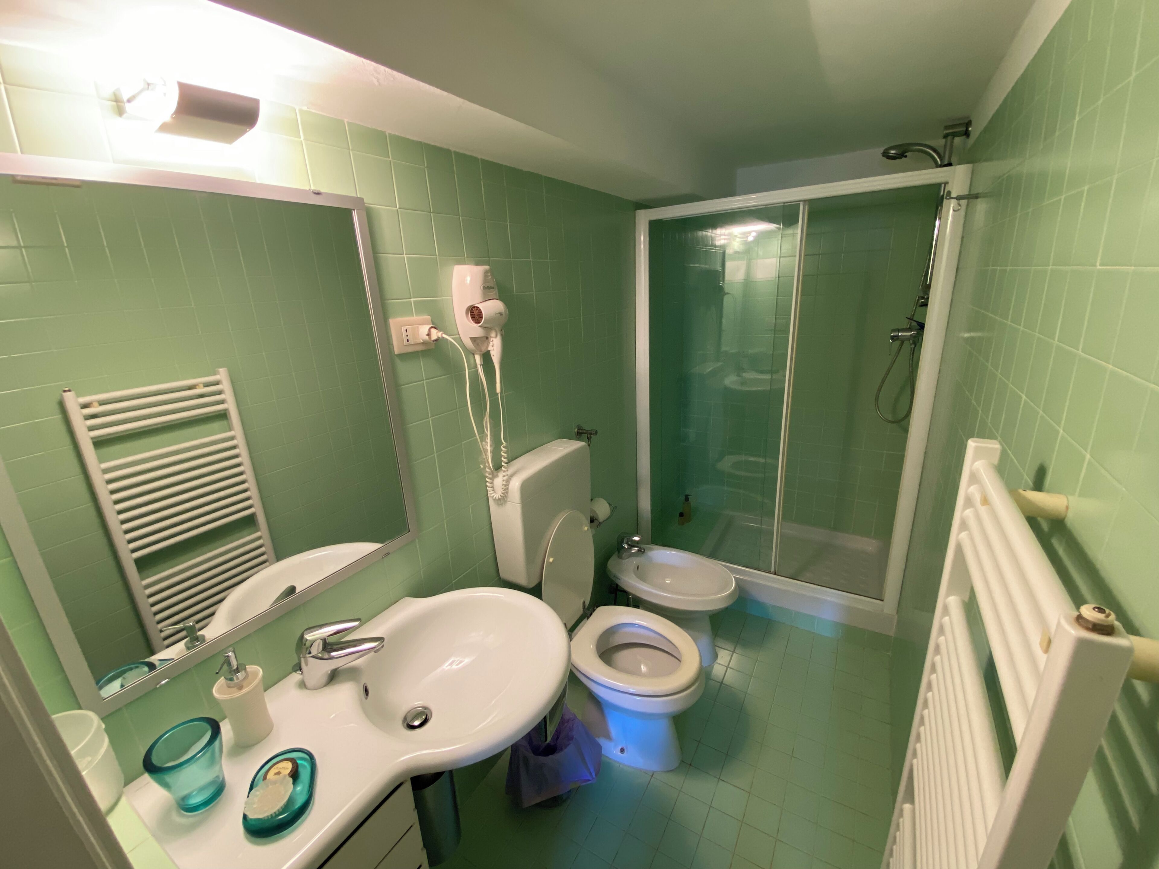 Une salle de bain avec un lavabo, des toilettes et une douche.