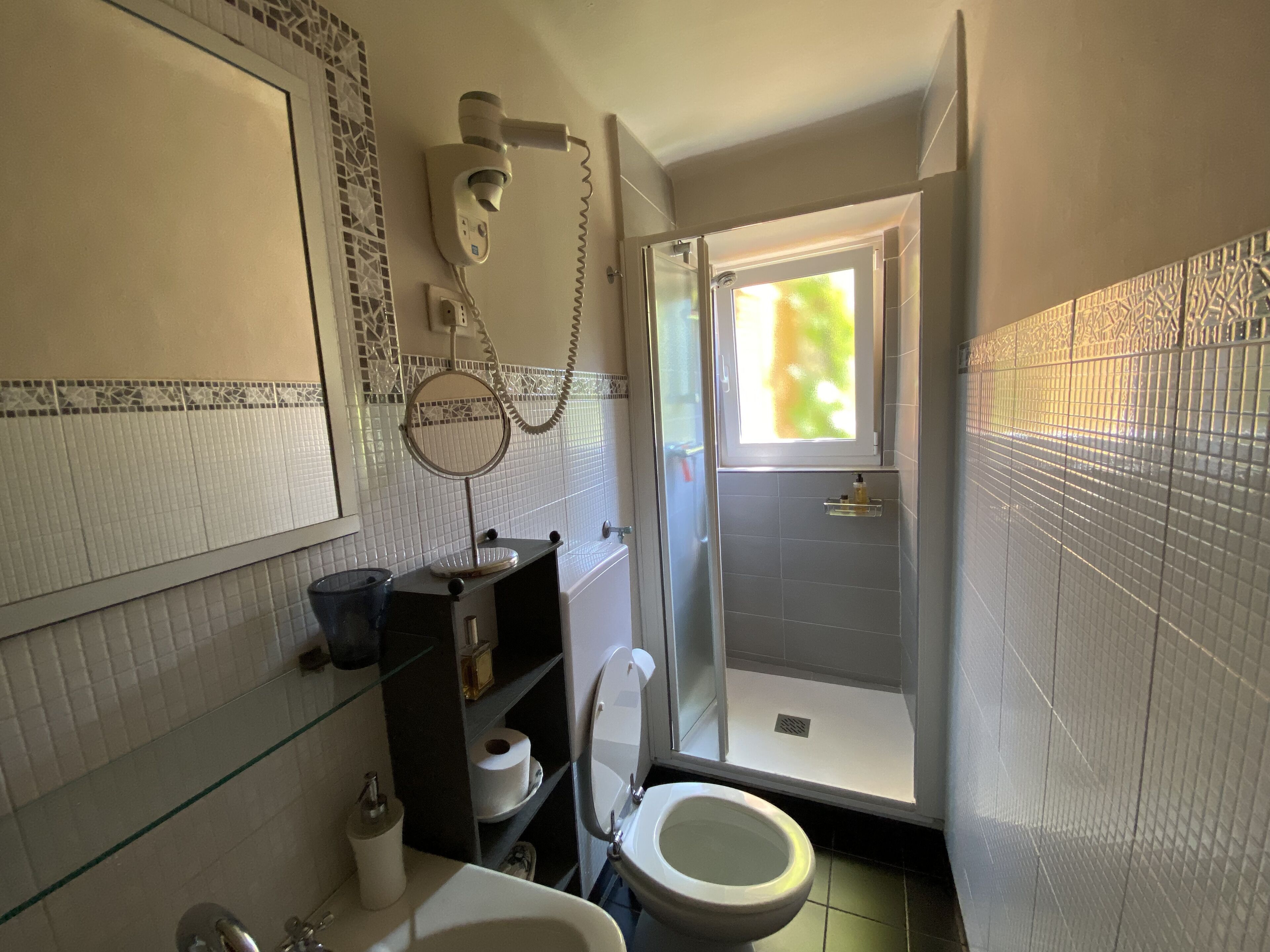 A compact bathroom with a toilet, a glass shower enclosure, a sink, and a mirror.