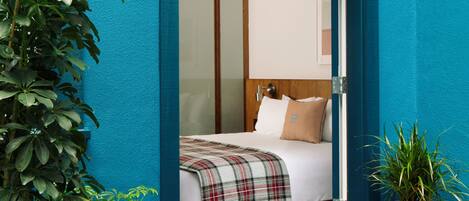 A room with a bed, a blue wall, and potted plants.