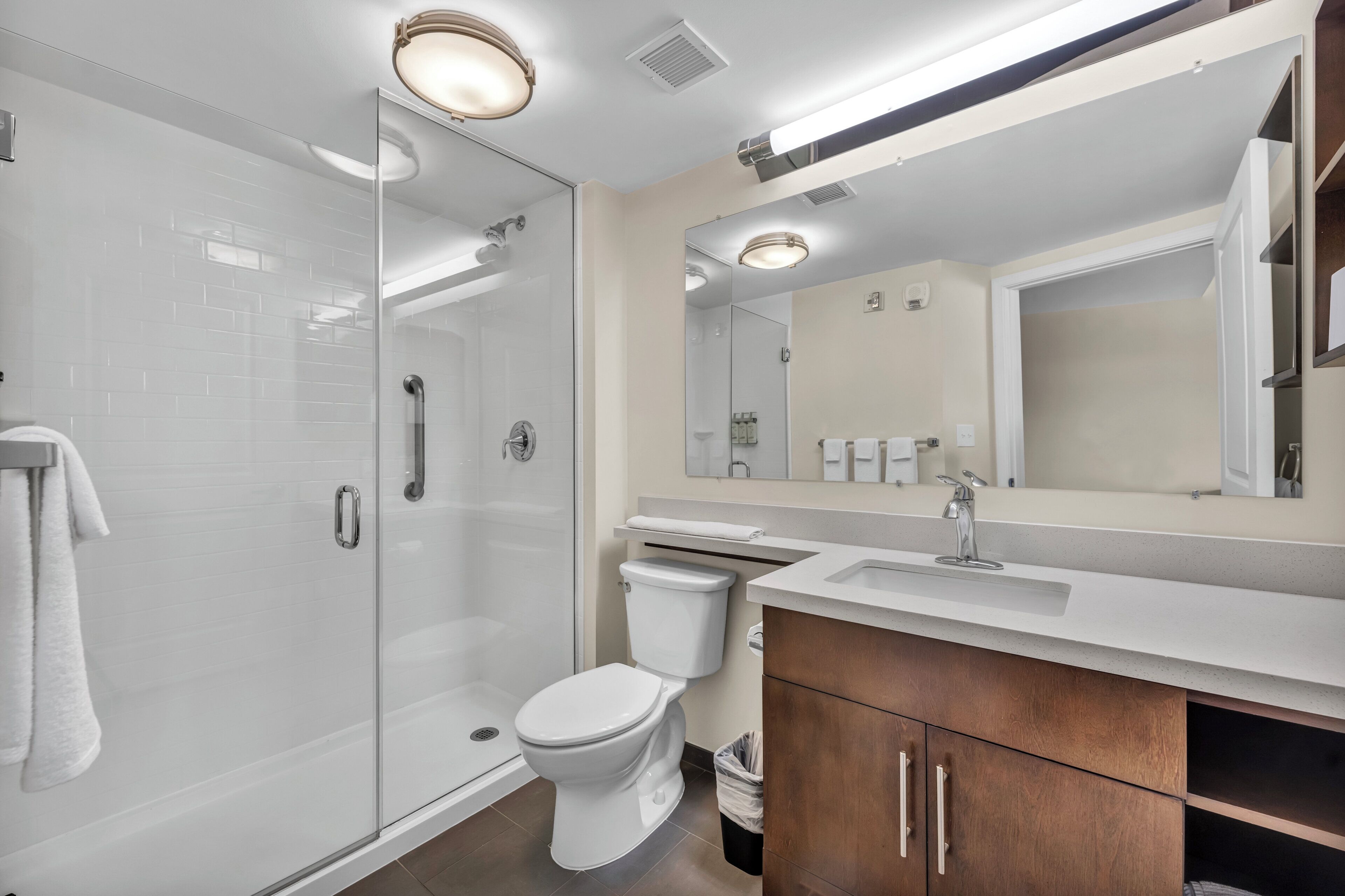 A modern bathroom with a glass shower enclosure, a white toilet, a vanity with a sink, and a large mirror.