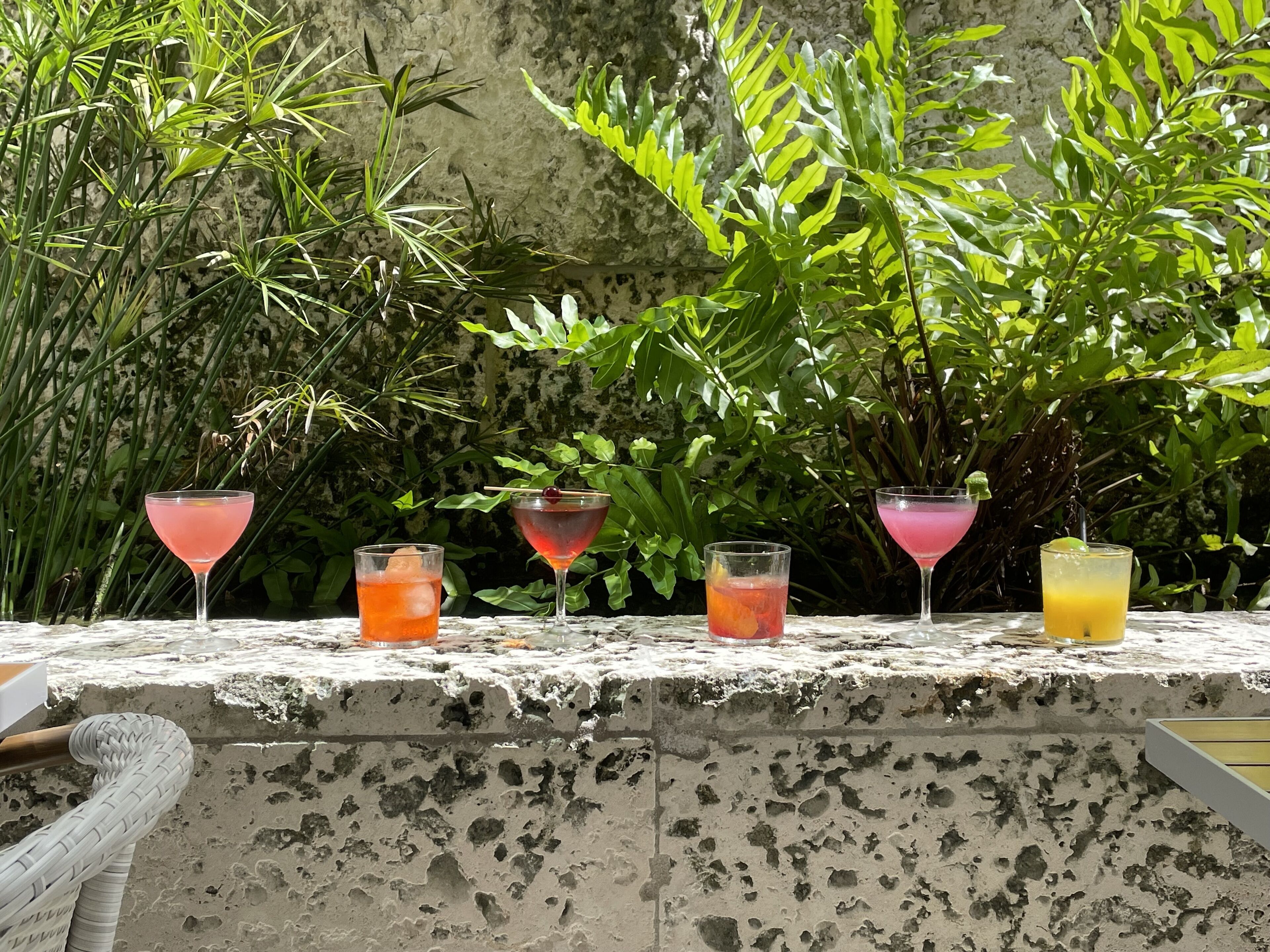 A row of colorful drinks on a stone ledge with lush greenery in the background.