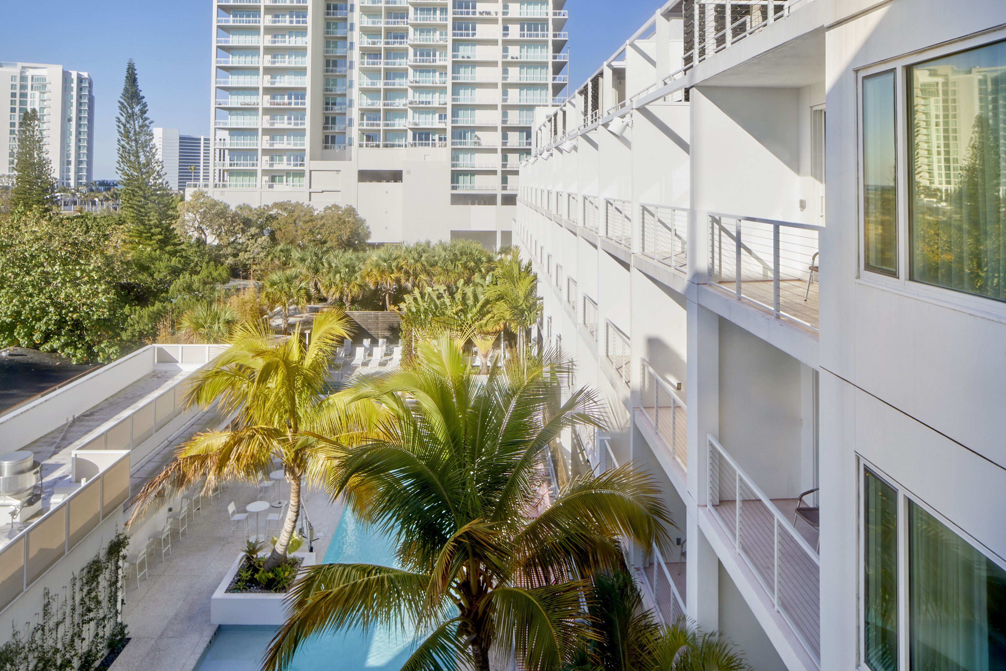 A modern hotel with a rooftop pool, surrounded by palm trees and high-rise buildings in the background.