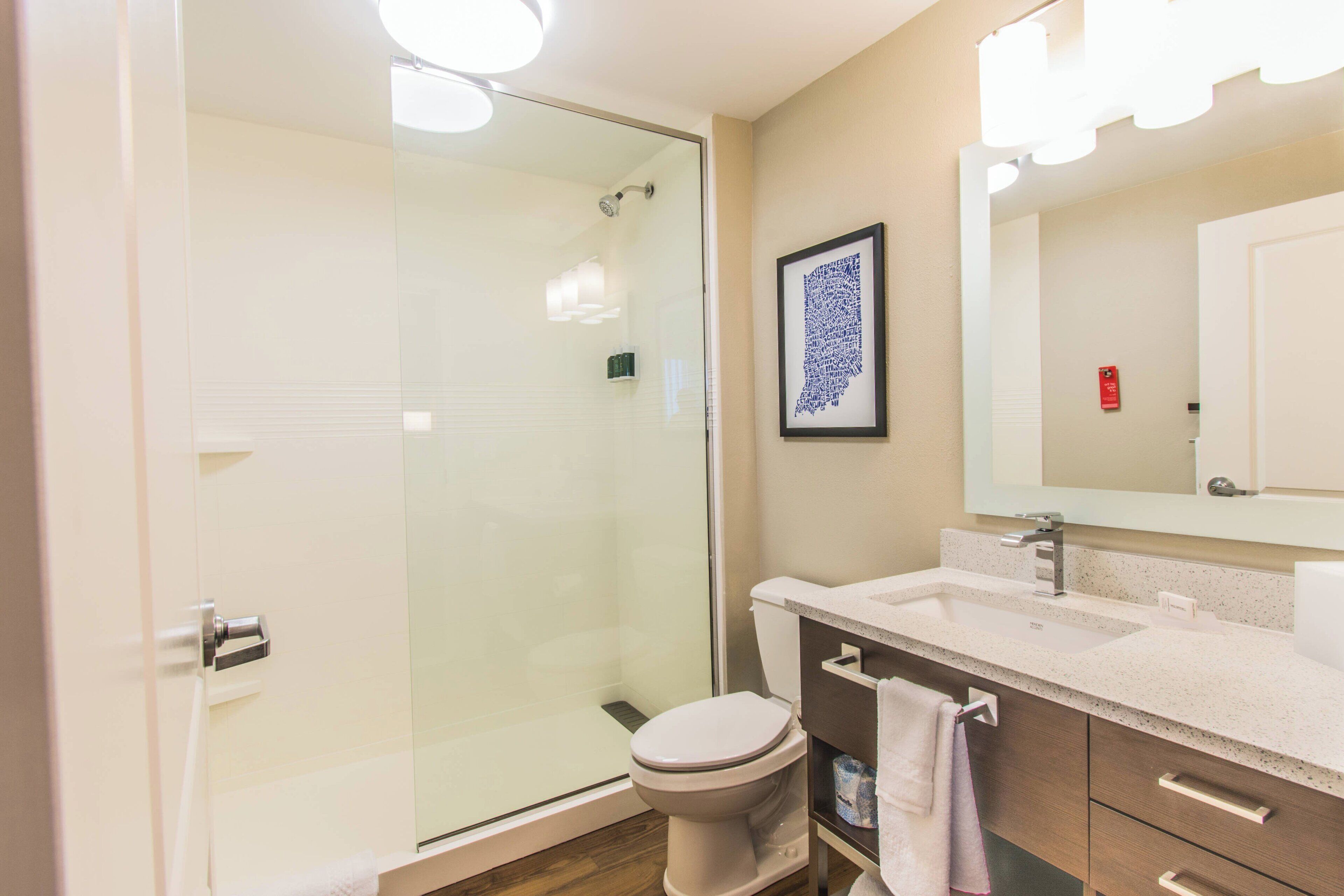 A modern bathroom with a glass-enclosed shower, a white toilet, and a vanity with a mirror.