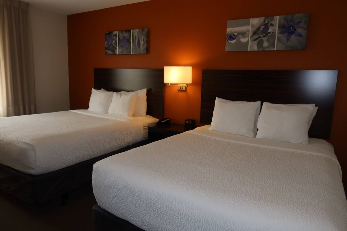 Quarto de hotel com duas camas, uma mesa de cabeceira, uma luminária e obras de arte nas paredes.