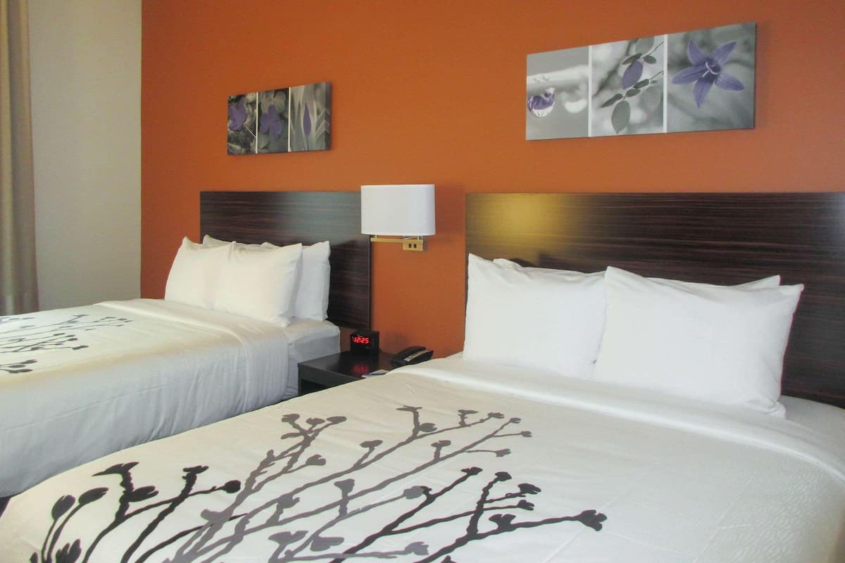 Premium bedding, desk, laptop workspace, blackout curtains