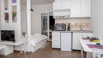 Fridge, stovetop, cookware/dishes/utensils