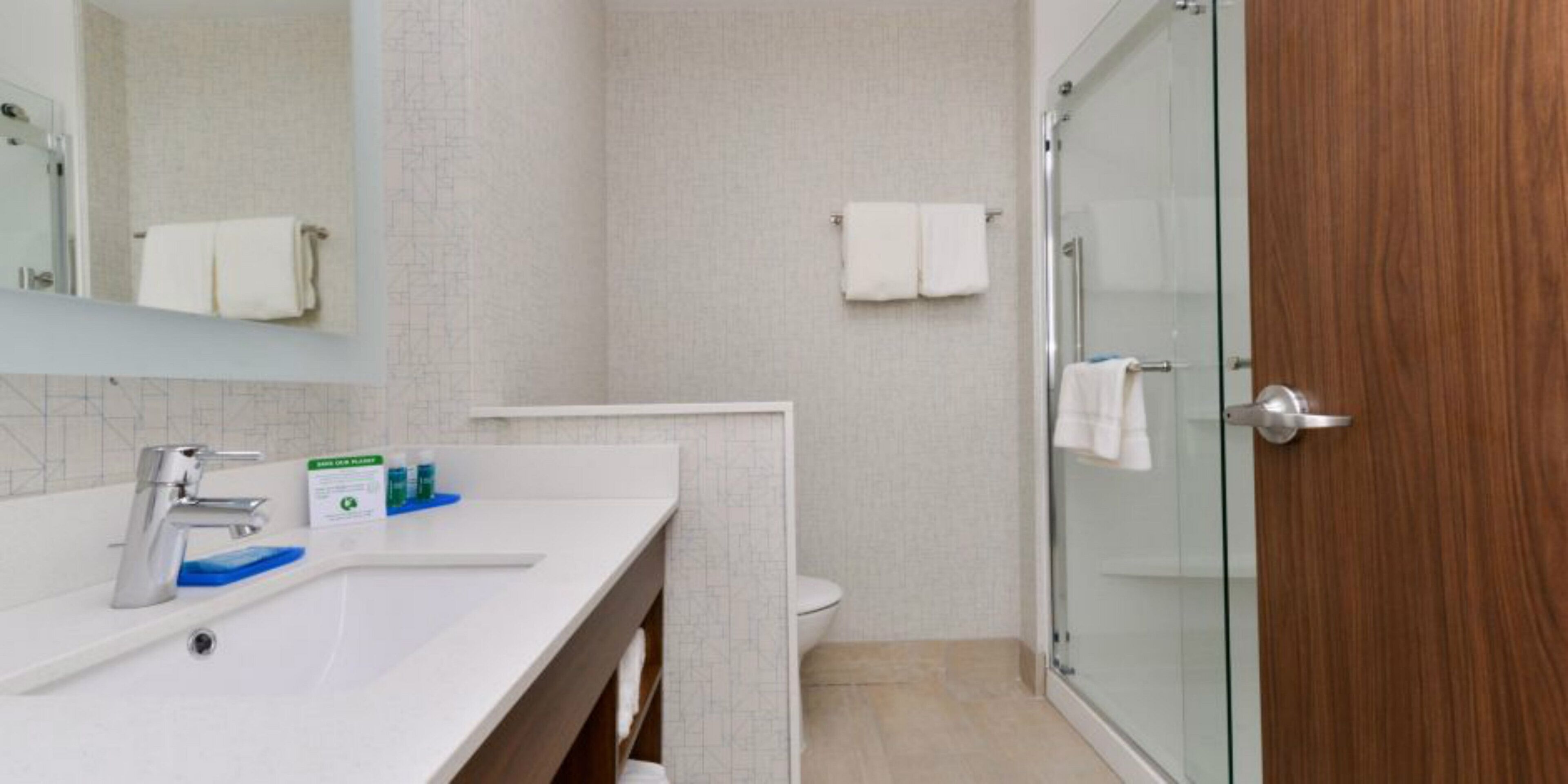 A bathroom with a glass shower door, a white sink, and a mirror.
