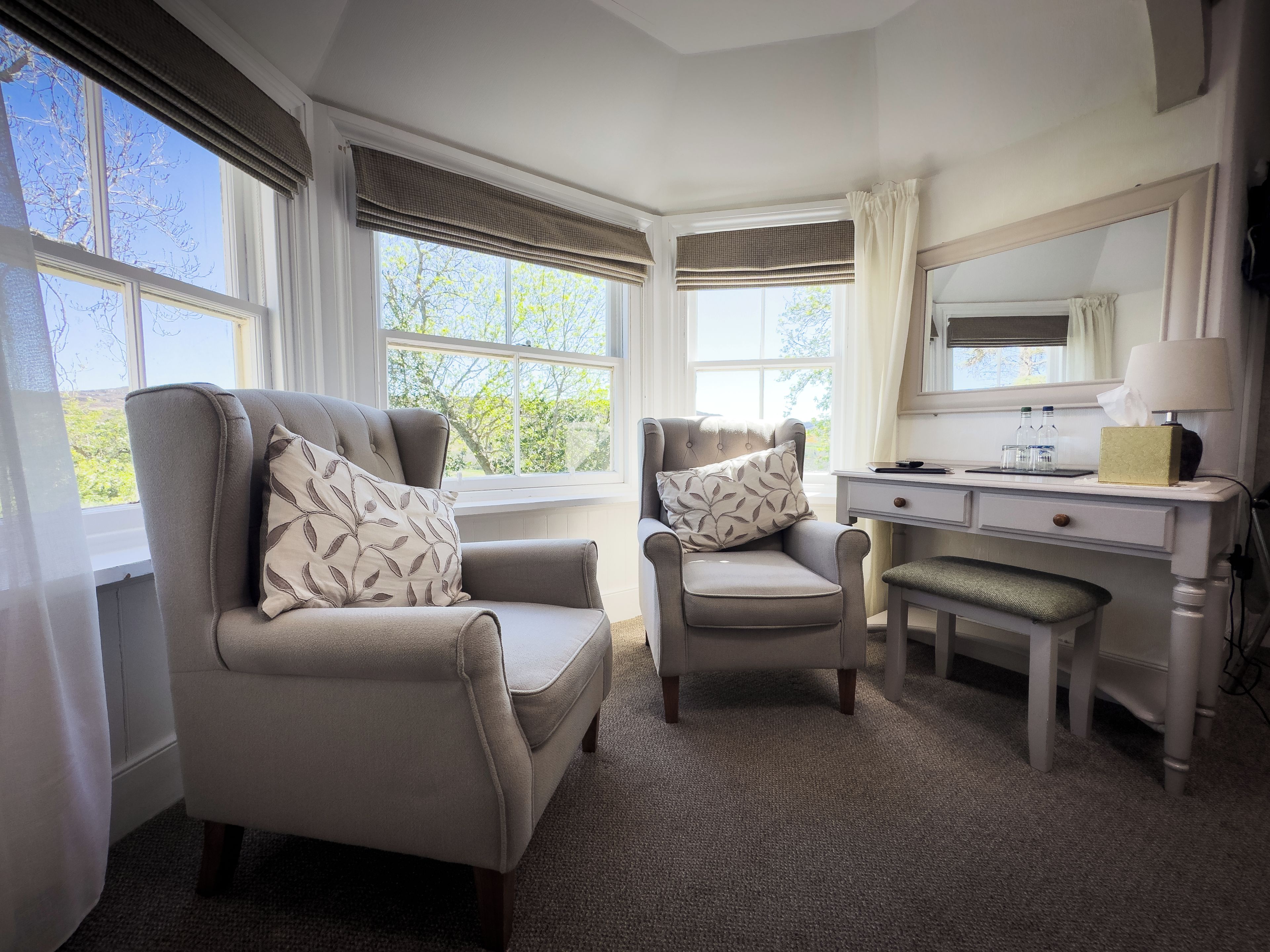 A room with two armchairs, a desk, a mirror, and a window with a view of trees.