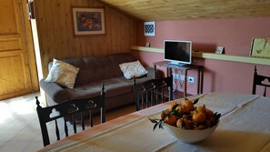 Appartement, 2 slaapkamers, terras, uitzicht op bergen (Cortina ) | Woonruimte | Flatscreentelevisie