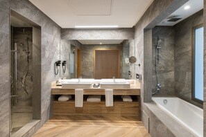 Hair dryer, bathrobes, bidet, towels