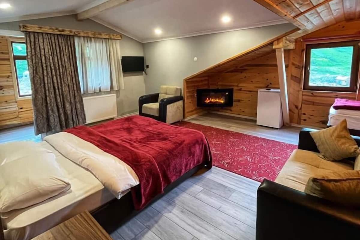 A cozy room with a bed, a sofa, a fireplace, and a television.