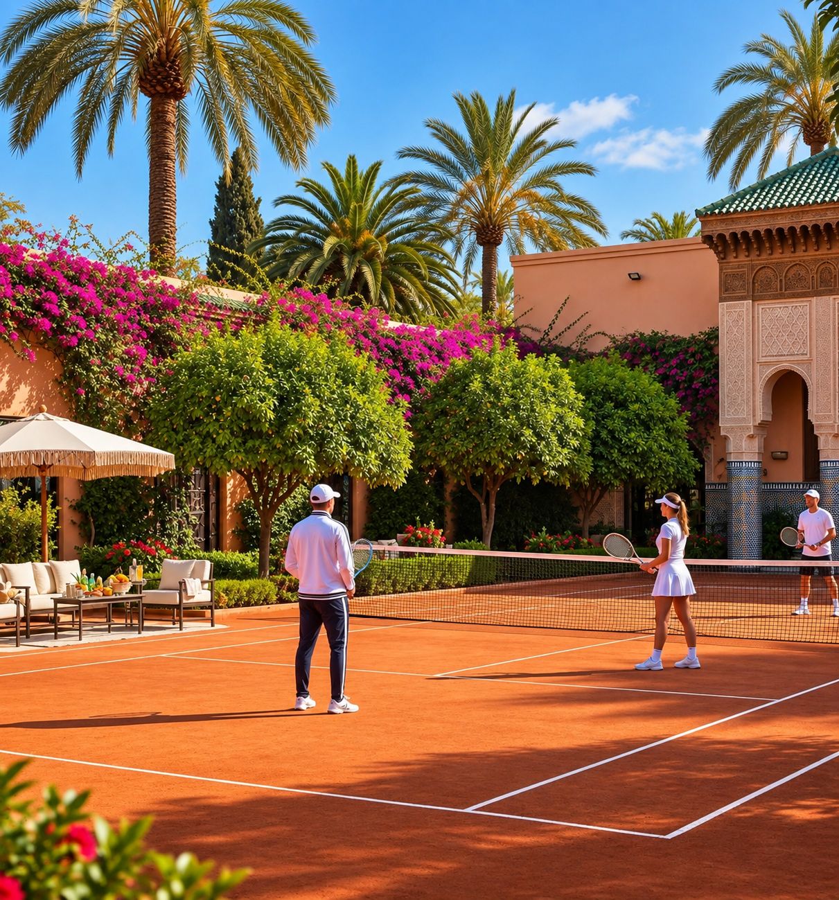Una cancha de tenis con palmeras y buganvillas al fondo.