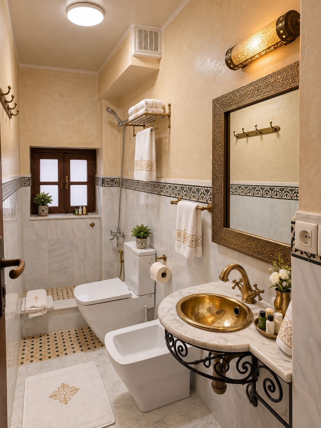 A bathroom with a toilet, bidet, sink with a gold basin, and a shower area.