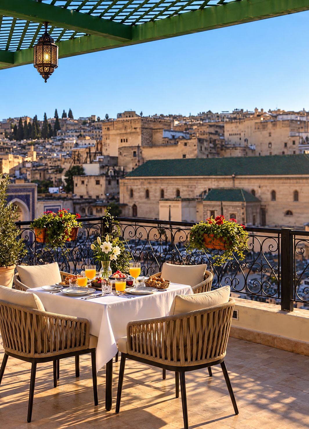 Una terraza con una mesa dispuesta para el desayuno, con vistas a un paisaje urbano.