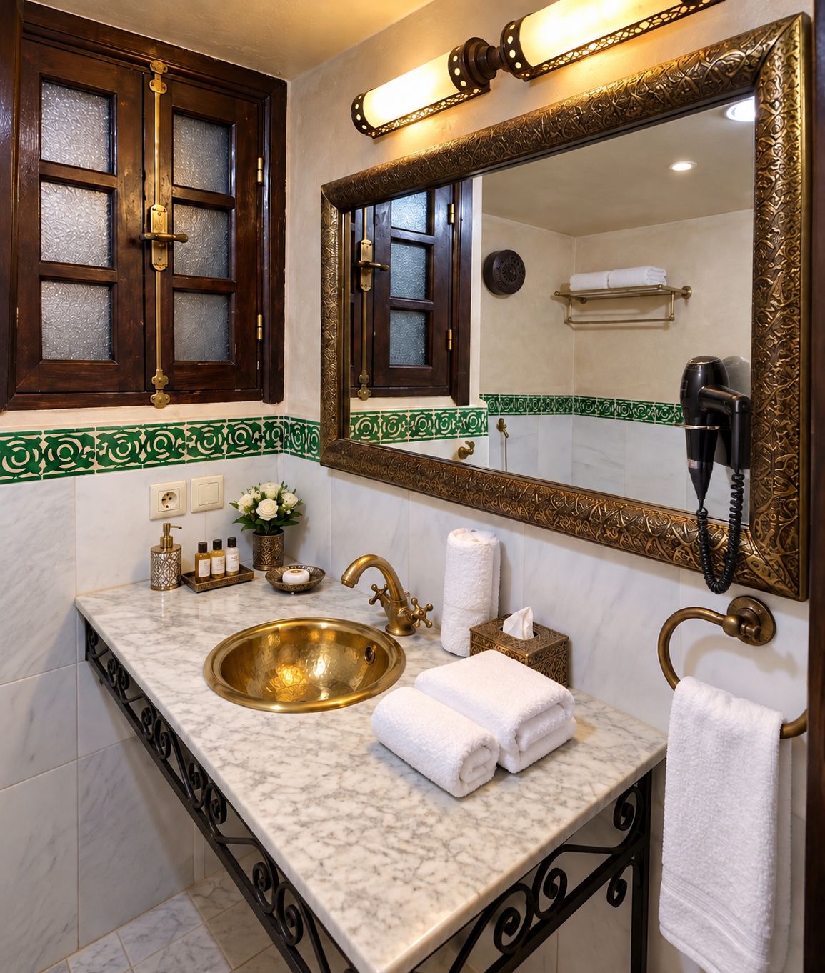 A bathroom with a marble sink, gold fixtures, a large mirror, and a hairdryer.