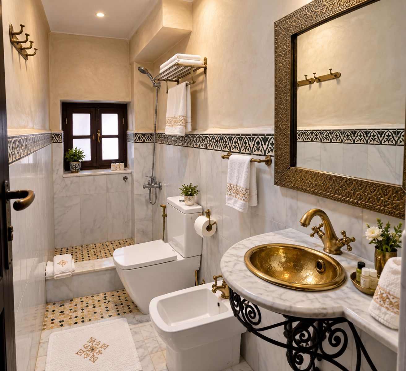 A bathroom with a bathtub, toilet, bidet, and a sink with a gold basin.
