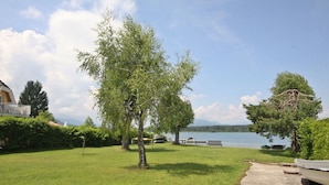 Un espacio cubierto de césped con un árbol, un banco y un muelle para barcos.
