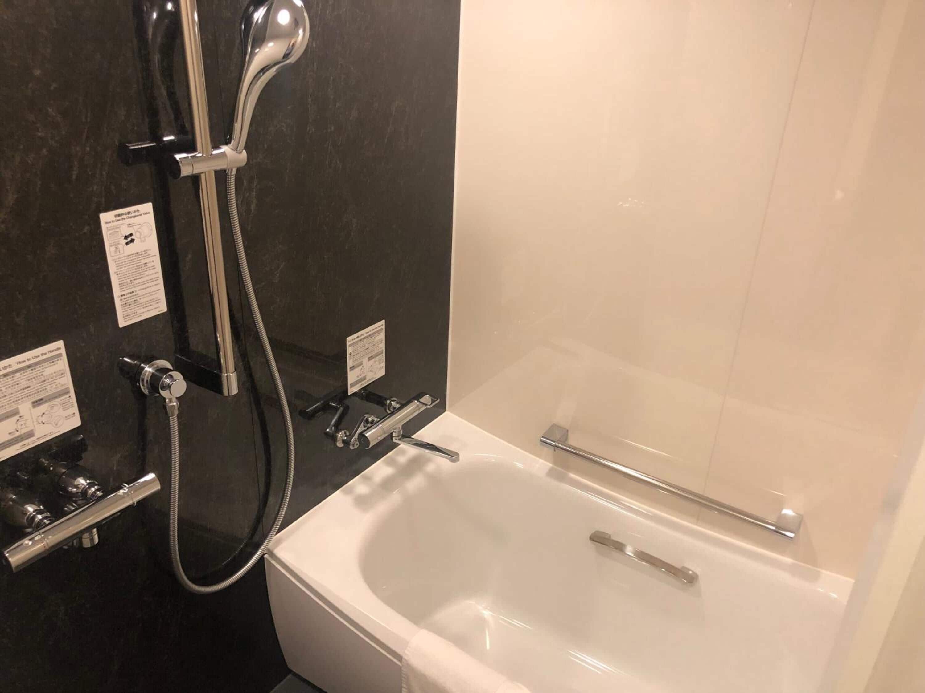 A modern bathroom with a bathtub, a shower, and a hand shower.