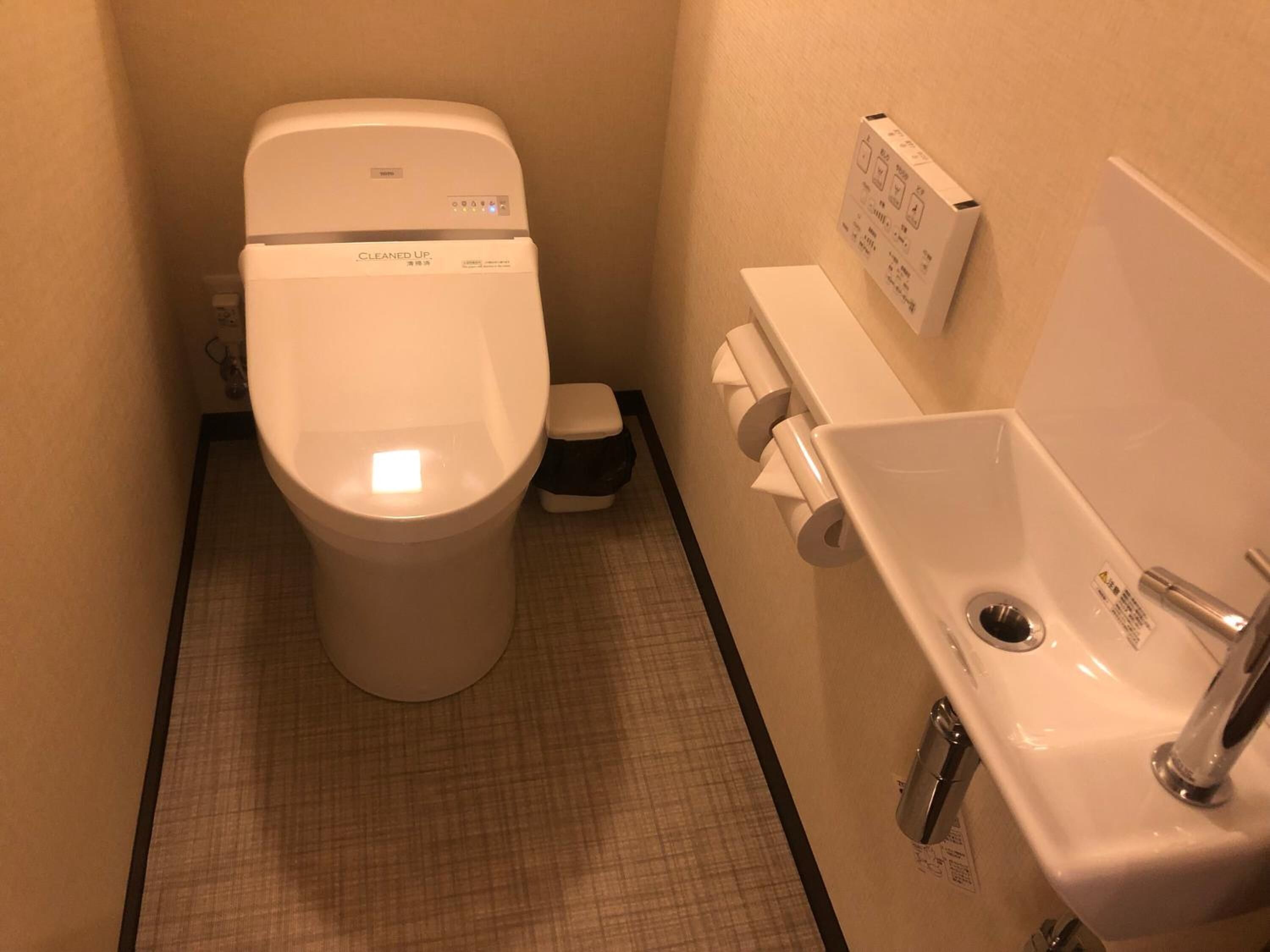 A small, clean bathroom with a toilet, a sink, and a toilet paper dispenser.