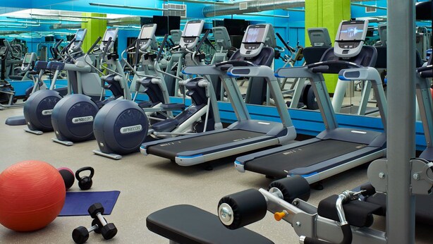 A gym with treadmills, exercise balls, and dumbbells. - Gold Reef Place (Johannesburg South)