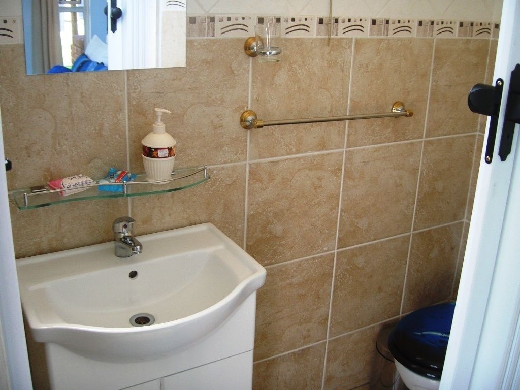 A bathroom with a white sink, a glass shelf with toiletries, a towel rack, and a blue toilet.